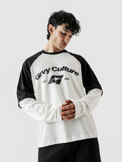 ROLLER TEE male model back view contrast sleeve illusion raglan Pakistan – GROOVY