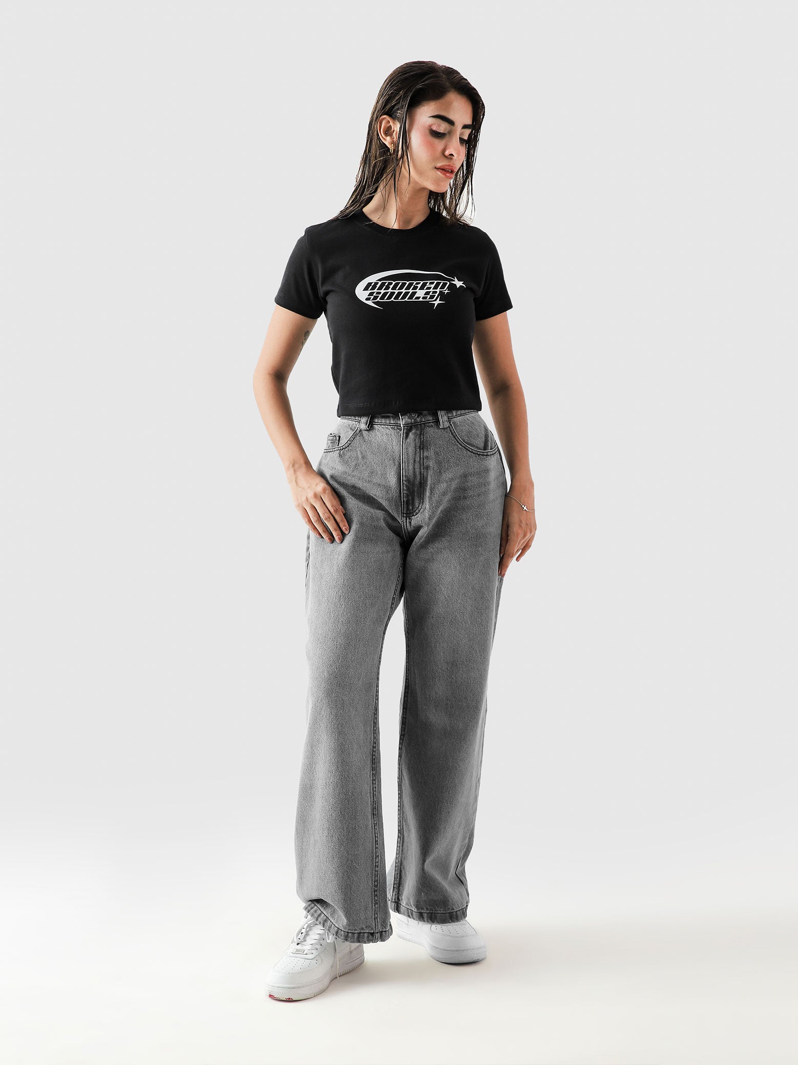 Broken Souls babytee female model side view graphic Pakistan – GROOVY