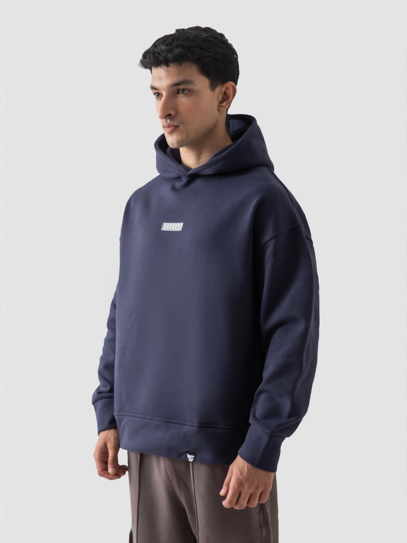 Navy blue oversized hoodie male model side view full body Pakistan – GROOVY