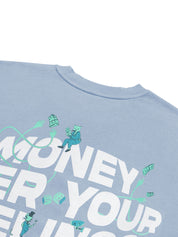 Ice Blue Sweatshirt Flat Lay 360 GSM Fleece – Money Over Your Feelings – GROOVY Pakistan