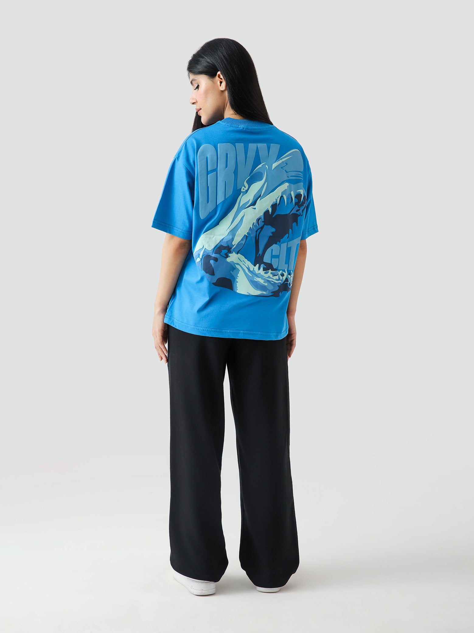 GRVY Shark electric blue tee male model side angle Pakistan – GROOVY