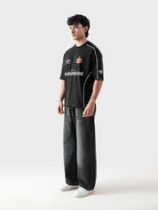 HARSH and CRUEL #7 black jersey male model side angle oversized streetwear Pakistan – GROOVY