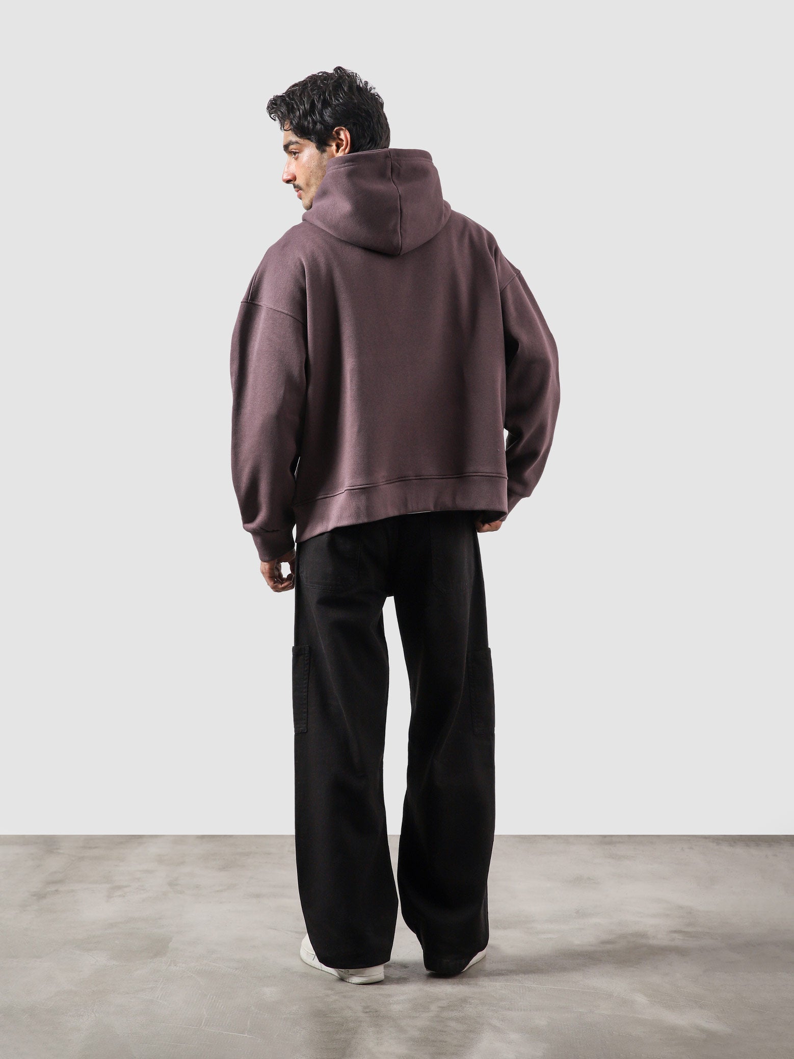 Plum essential zipper hoodie male model side view full body Pakistan – GROOVY