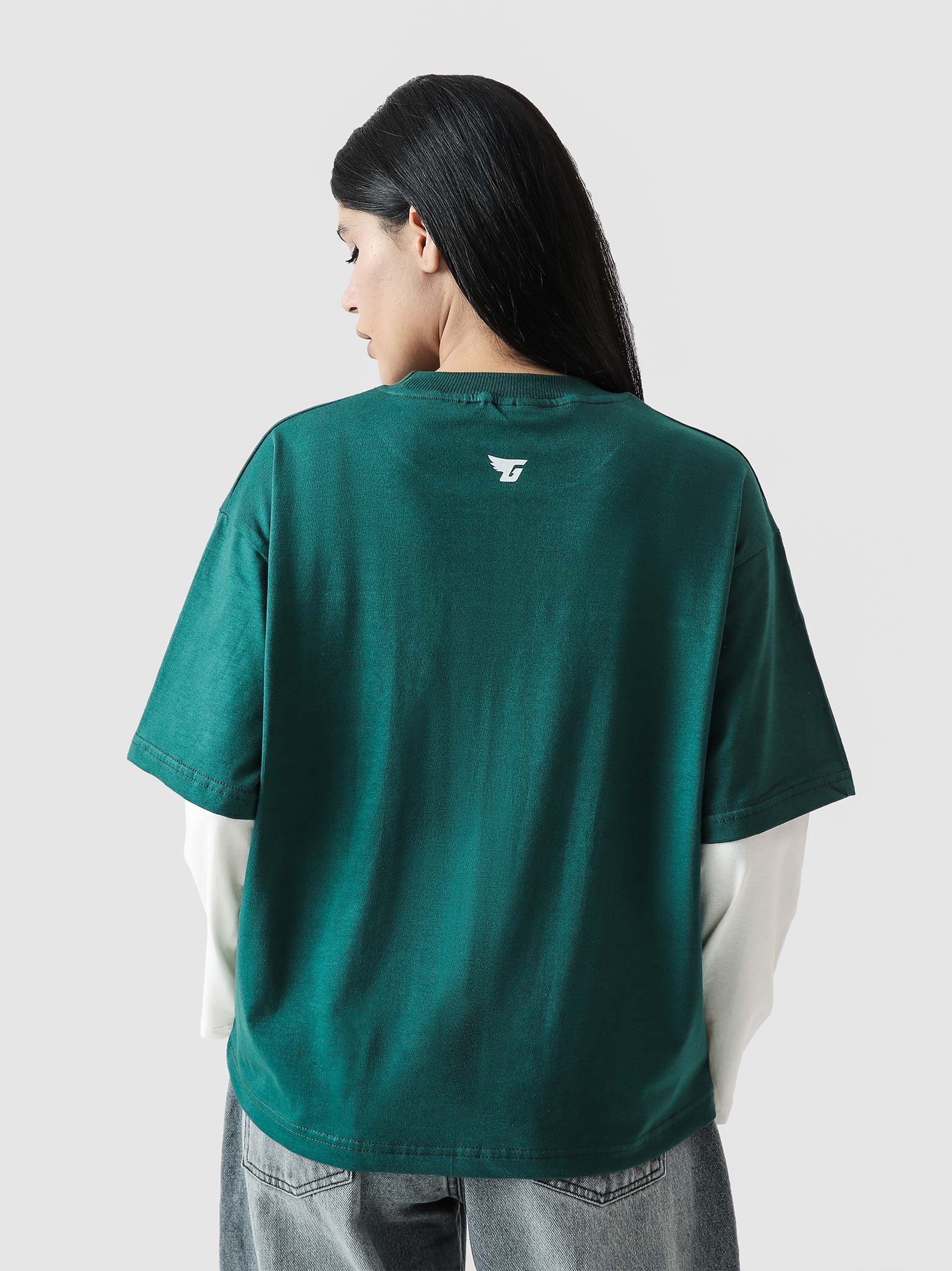 96 Double Layer Jersey racing green female model back view Pakistan – GROOVY