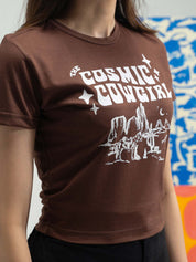 Y2K Brown Baby Tee Female Model Front View – Cosmic Cowgirl – GROOVY Pakistan
