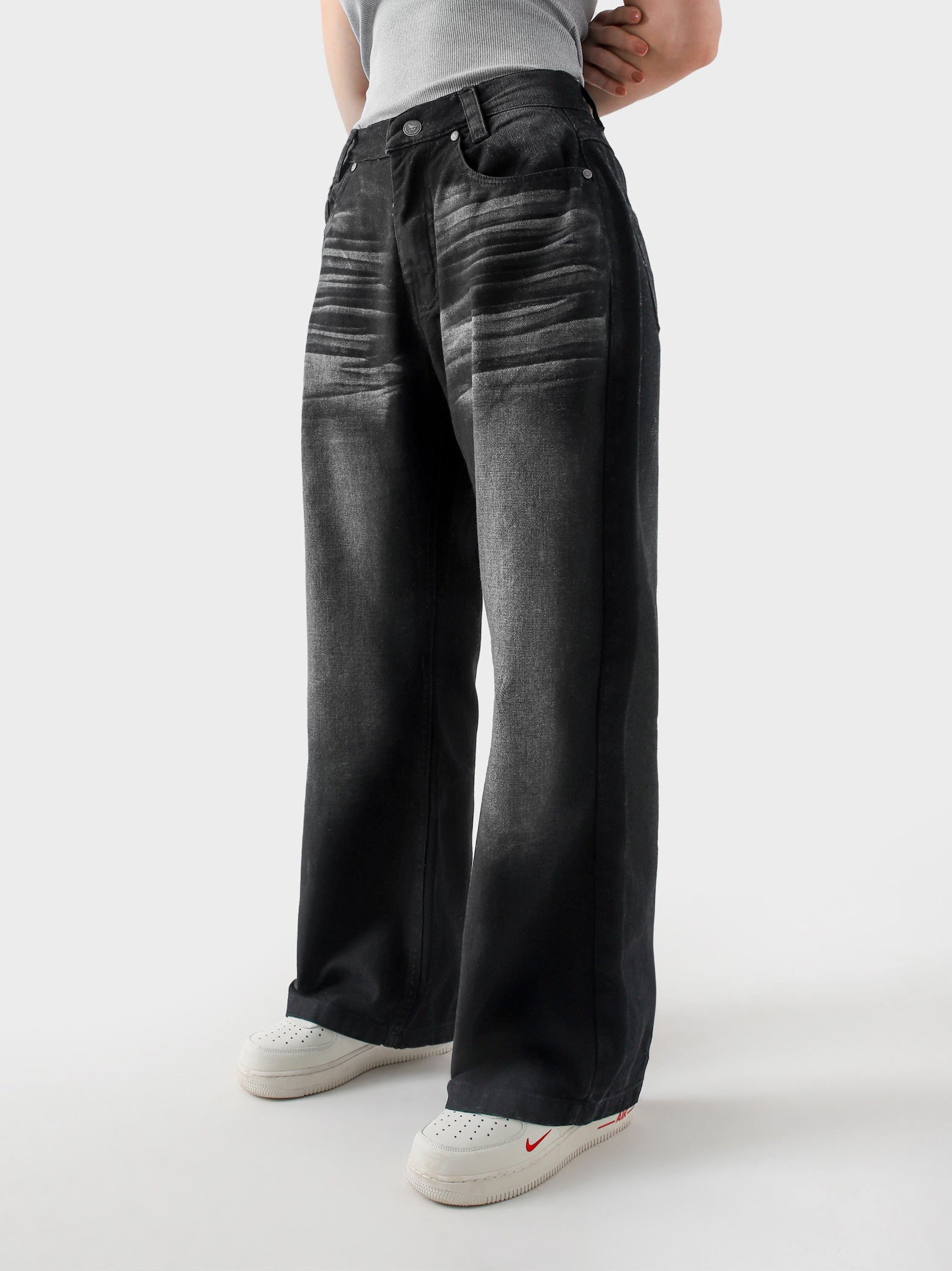 CORE denim washed black baggy jeans male model side view full body Pakistan – GROOVY