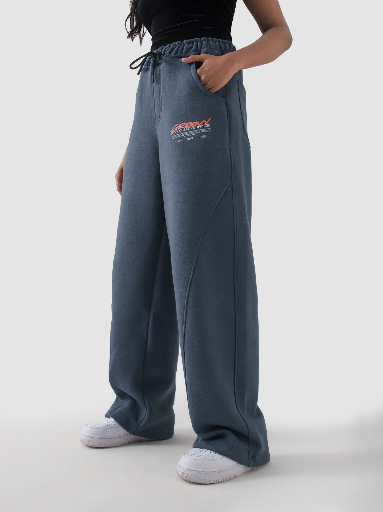 Unity VI slate blue winter trouser female model front view relaxed fit Pakistan – GROOVY