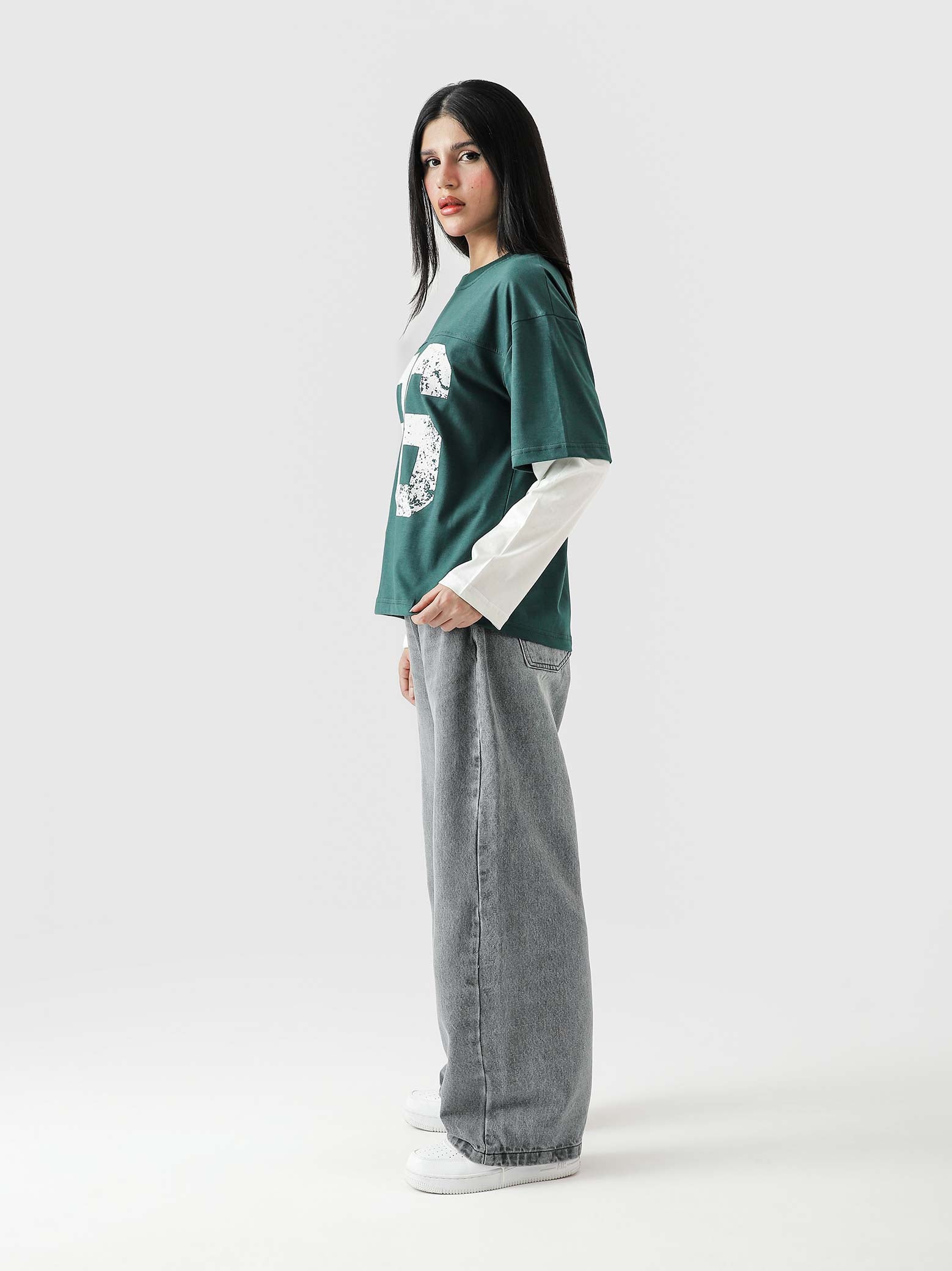 96 Double Layer Jersey racing green female model front view layered Pakistan – GROOVY