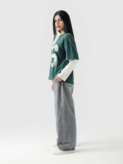 96 Double Layer Jersey racing green female model front view layered Pakistan – GROOVY