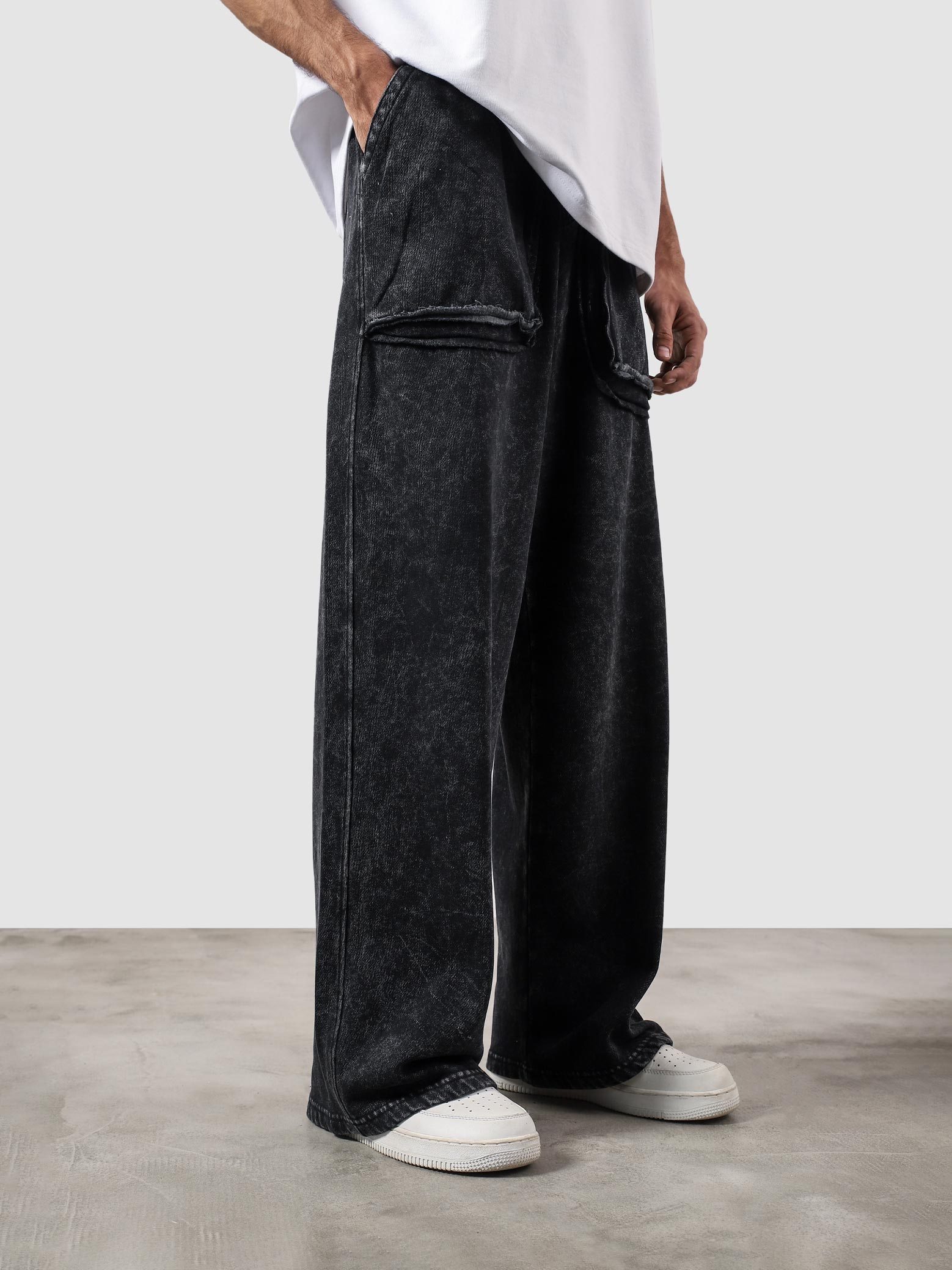 Reverse washed cargo pants female model front view wide leg washed Pakistan – GROOVY