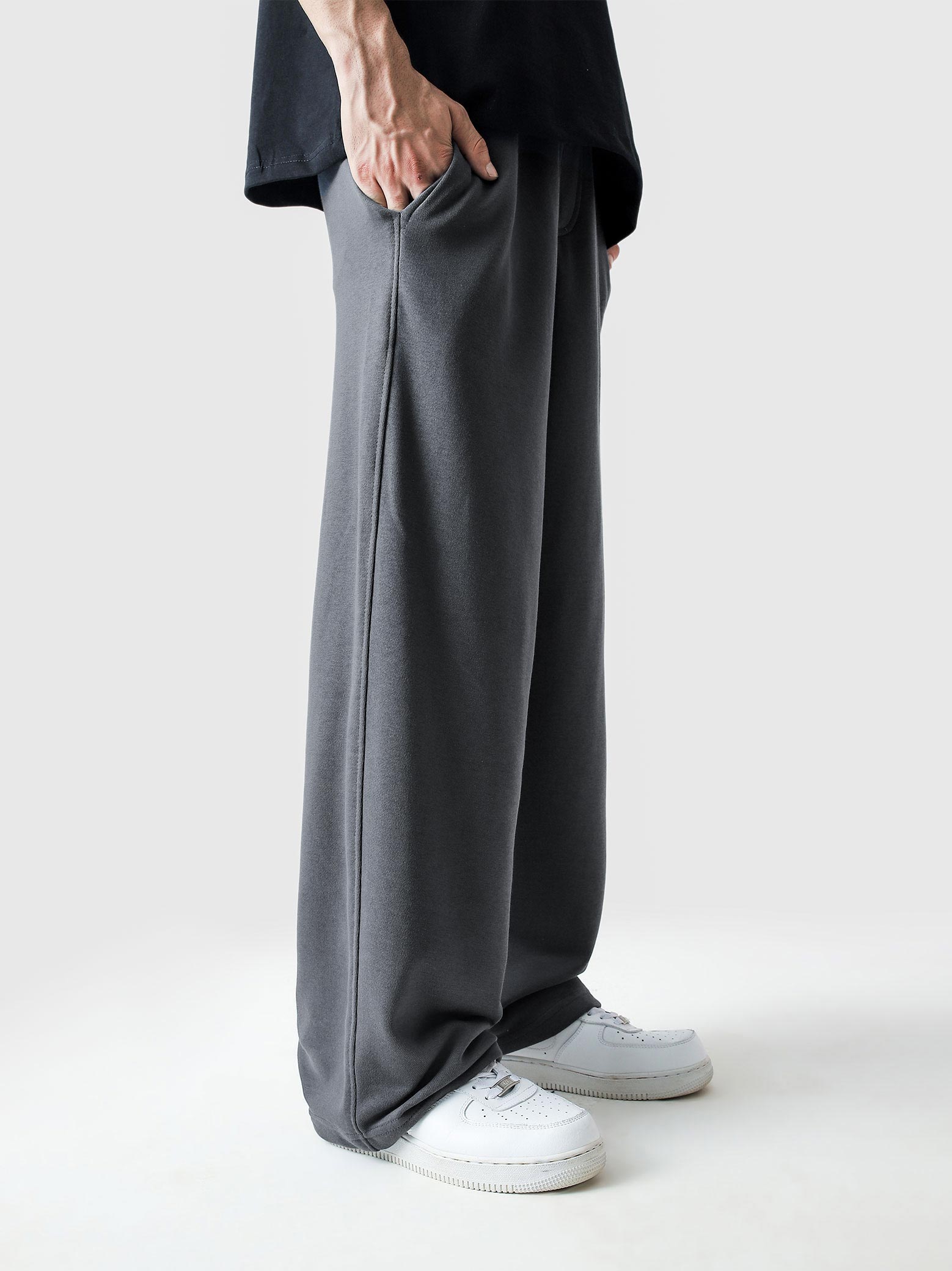 Steel grey baggy trousers female model front view relaxed fit Pakistan – GROOVY