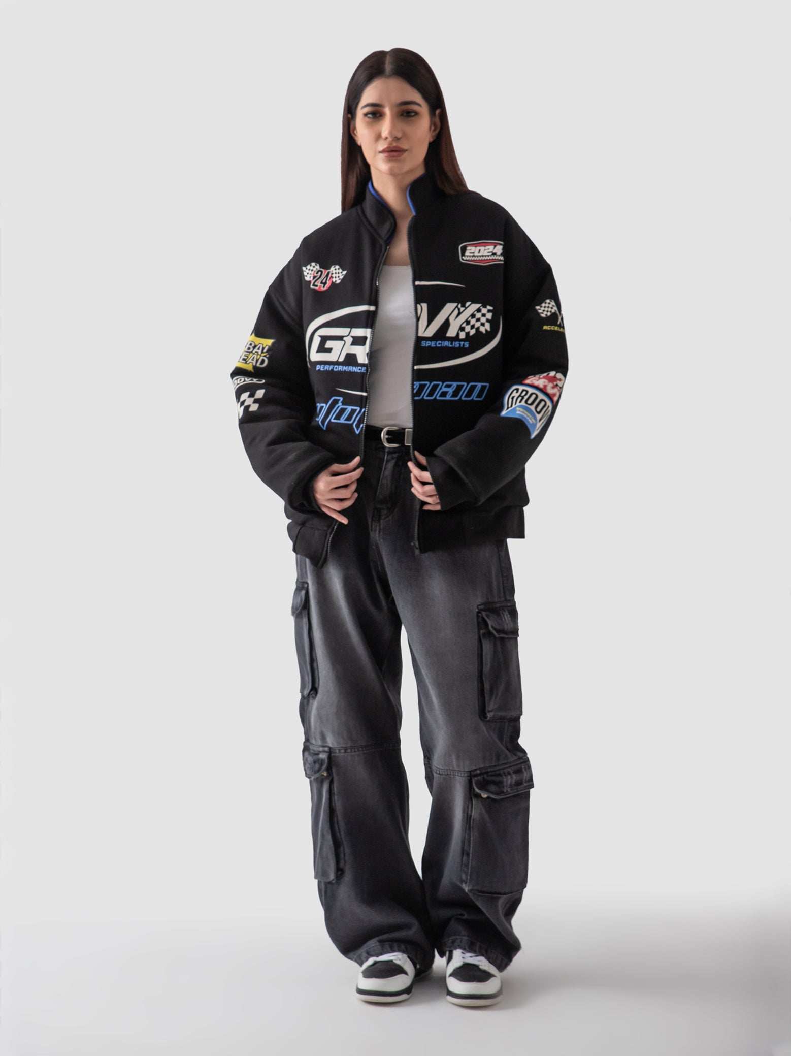 Racer jacket male model back view fleece construction oversized Pakistan – GROOVY
