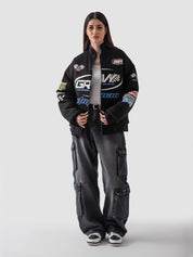 Racer jacket male model back view fleece construction oversized Pakistan – GROOVY