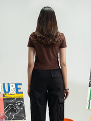 Y2K Brown Baby Tee Female Model Back View – Cosmic Cowgirl – GROOVY Pakistan