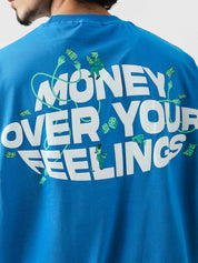 Money Over Your Feelings tee female model front view oversized blue graphic Pakistan – GROOVY