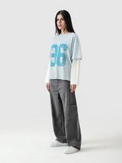 96 Double Layer Jersey frost blue female model front view layered Pakistan – GROOVY