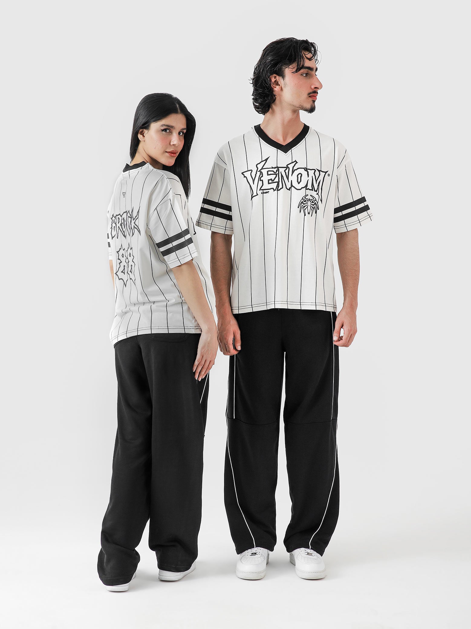 VENOM jersey white female model front view graphic pinstripe Pakistan – GROOVY
