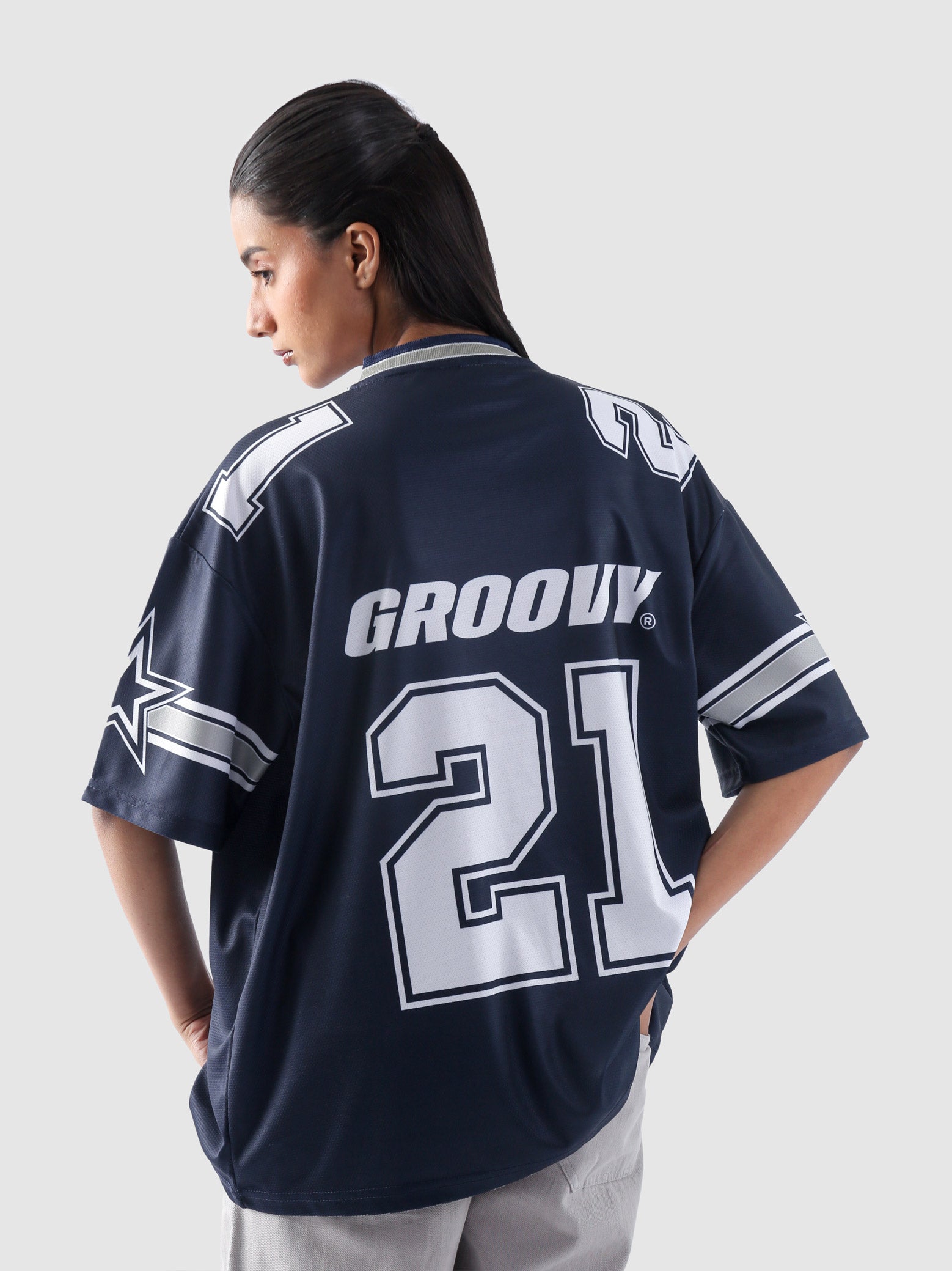 Allstars basketball jersey female model front view yale blue oversized Pakistan – GROOVY