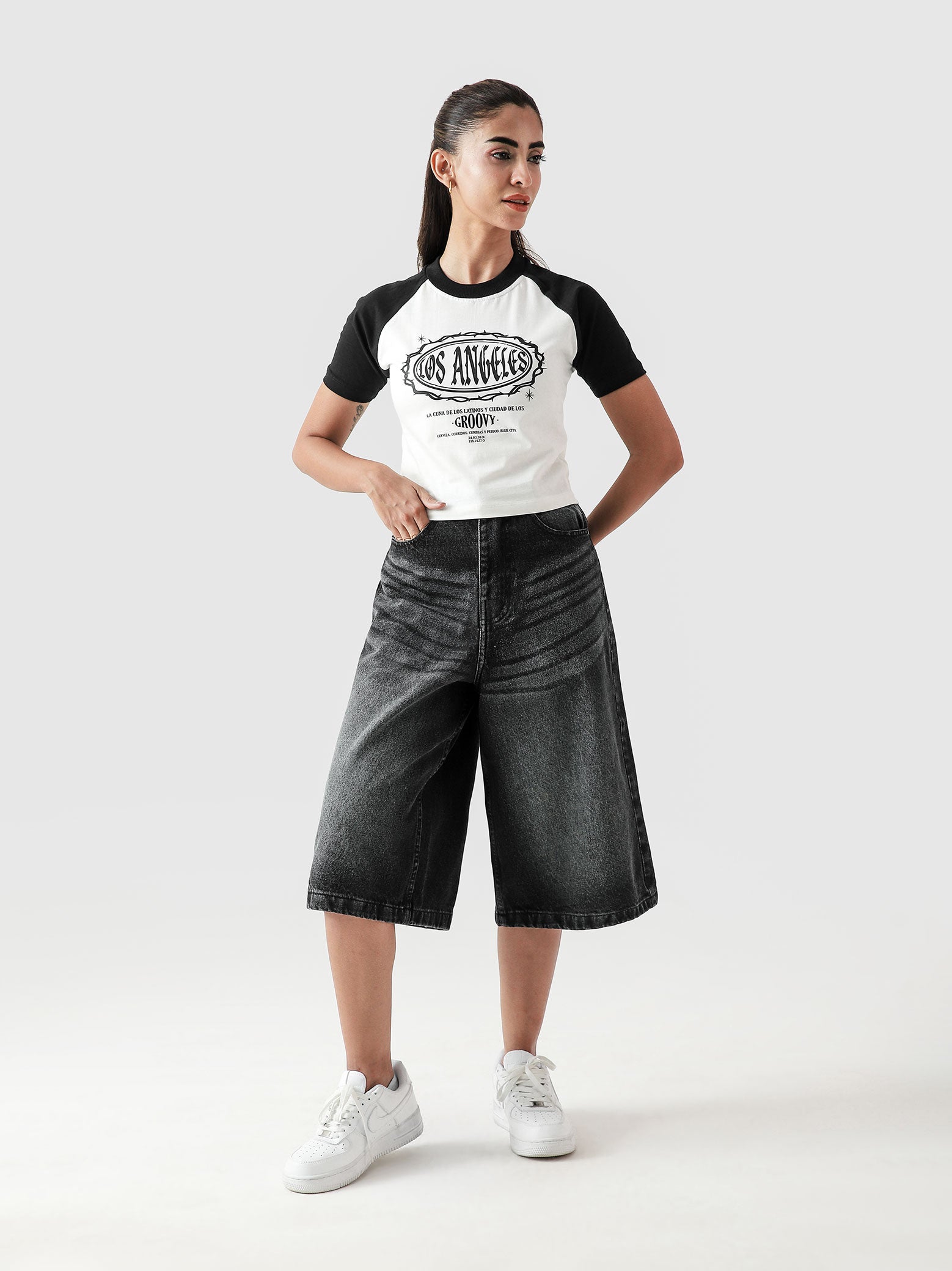 LA baby tee female model lifestyle shot graphic crop Pakistan – GROOVY