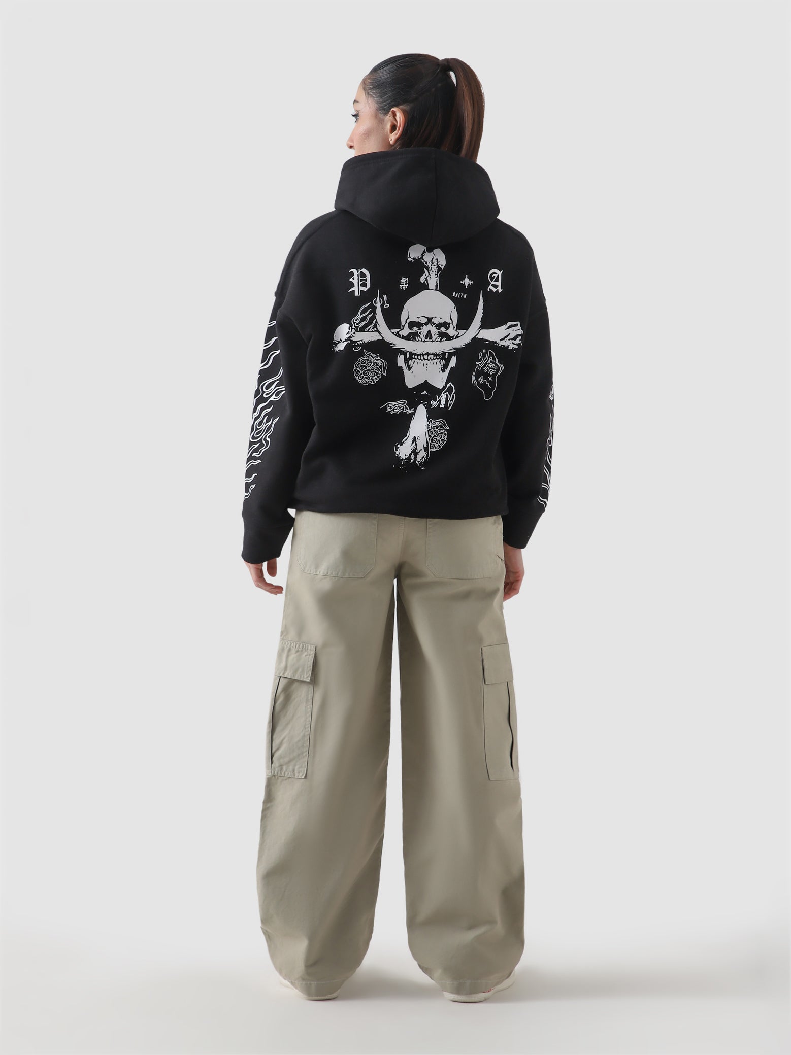White Beard One Piece hoodie female model back view graphic print Pakistan – GROOVY