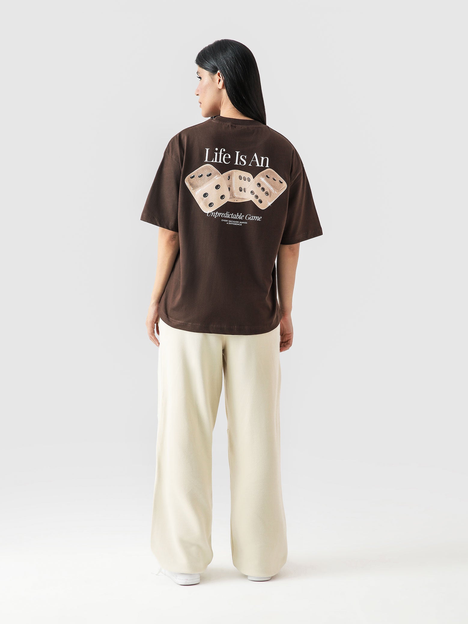 DICES GRVY tee female model back view dice graphic mocha brown Pakistan – GROOVY