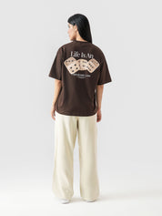 DICES GRVY tee female model back view dice graphic mocha brown Pakistan – GROOVY
