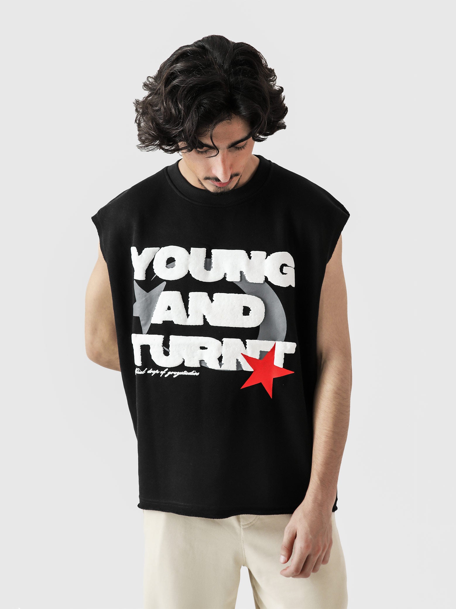 Young and Turnt Sando female model back view oversized sleeveless Pakistan – GROOVY