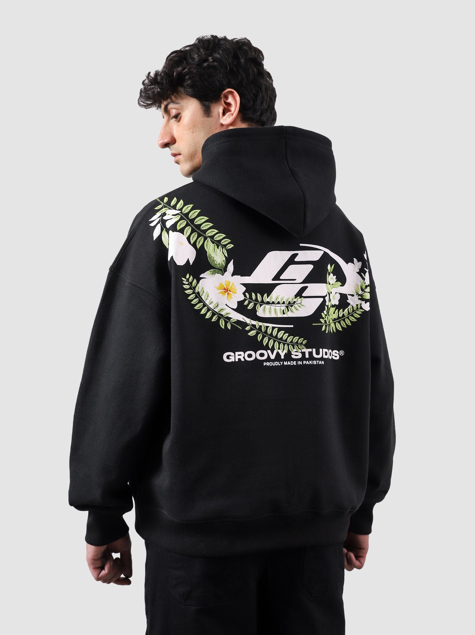 Floral hoodie female model back view graphic print Pakistan – GROOVY