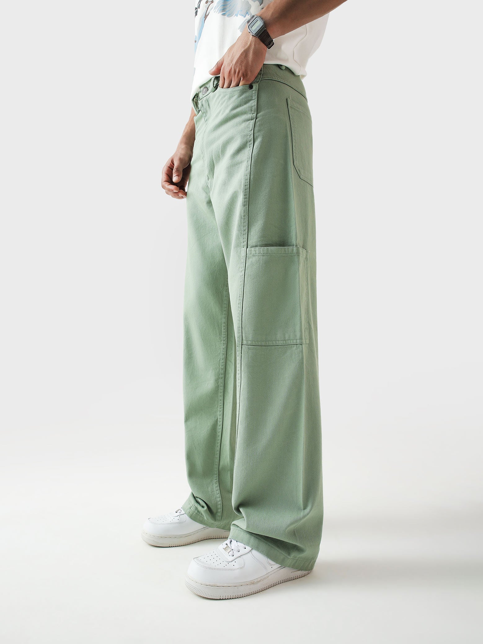 Utility V1 mint green cargo pants female model back view streetwear Pakistan – GROOVY