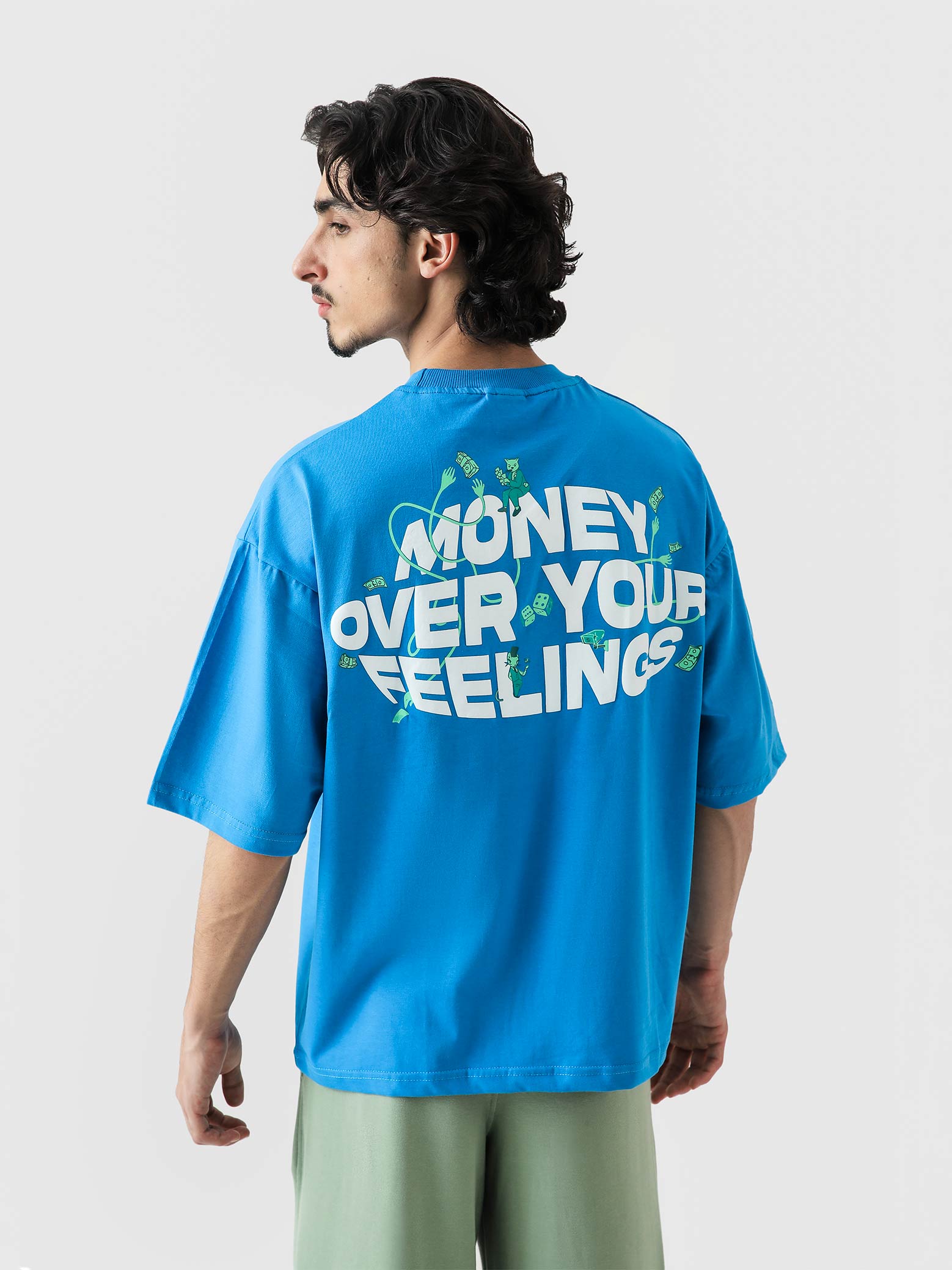 Money Over Your Feelings tee female model back view statement graphic Pakistan – GROOVY