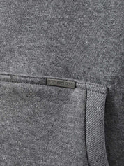 Dark heather grey essential zipper hoodie female model back view relaxed fit Pakistan – GROOVY