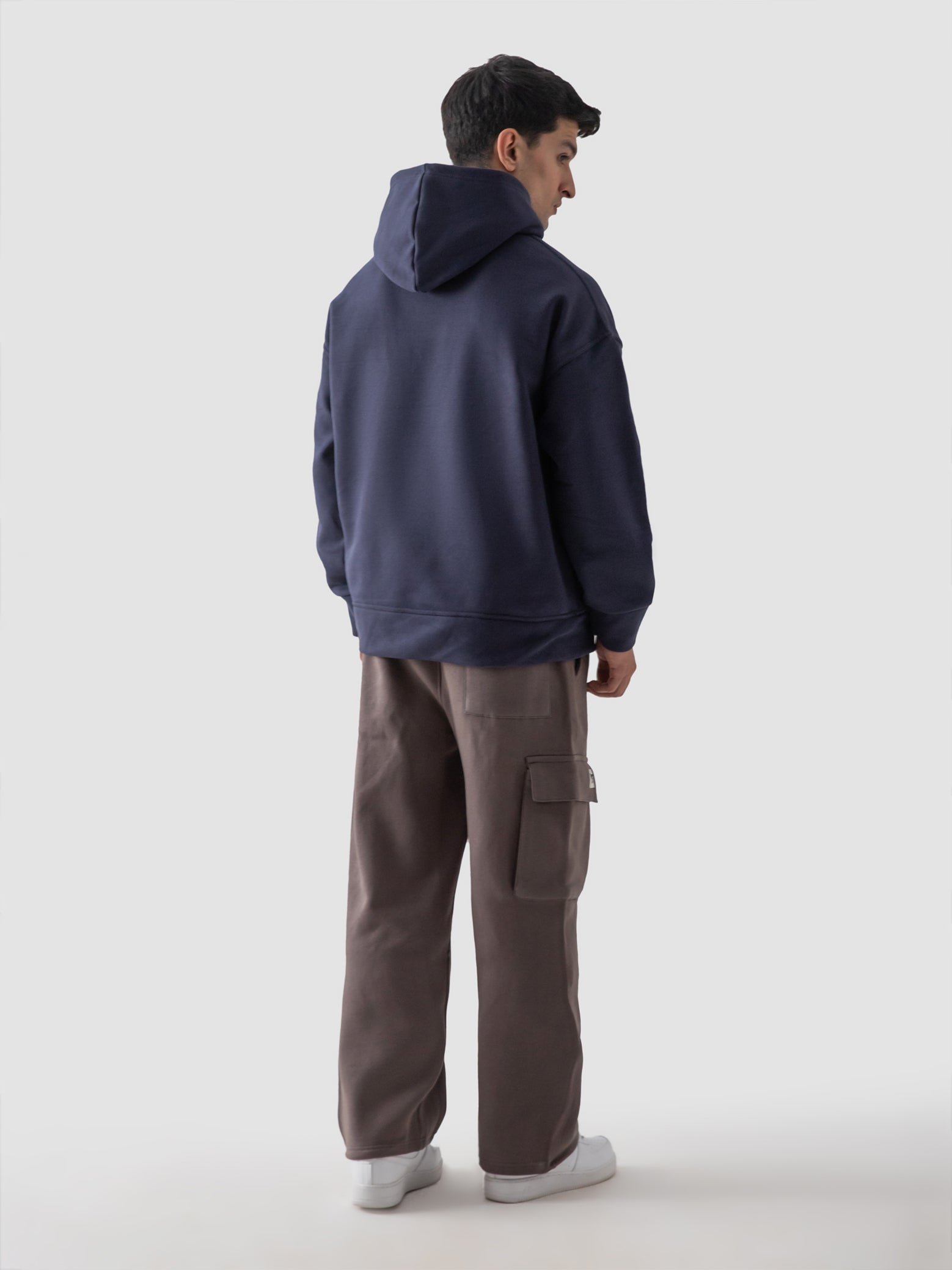 Navy blue oversized hoodie female model back view relaxed fit Pakistan – GROOVY