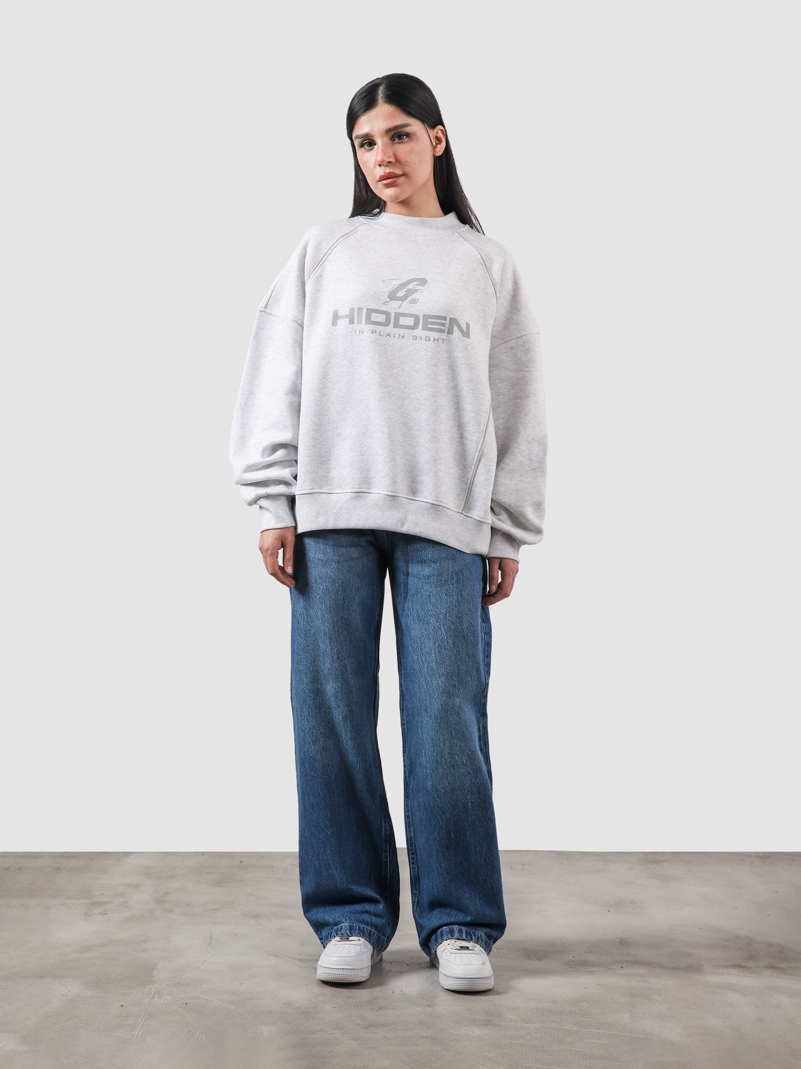 Hidden In Plain Sight arctyc white sweatshirt female model back view Pakistan – GROOVY