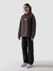 Mocha brown oversized hoodie female model back view relaxed fit Pakistan – GROOVY