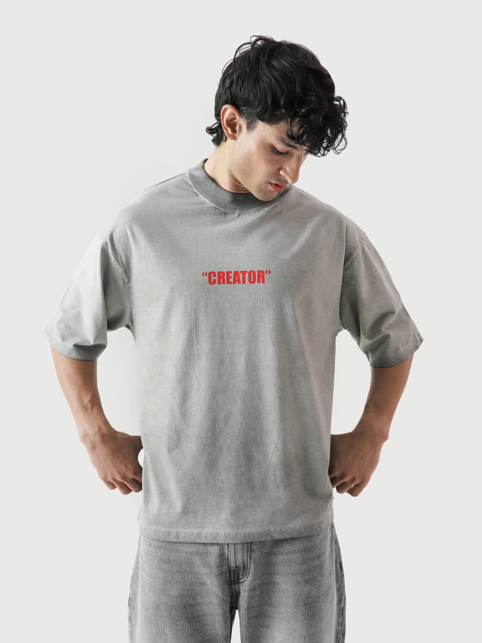 The Creator Tee female model front view oil fade oversized streetwear Pakistan – GROOVY