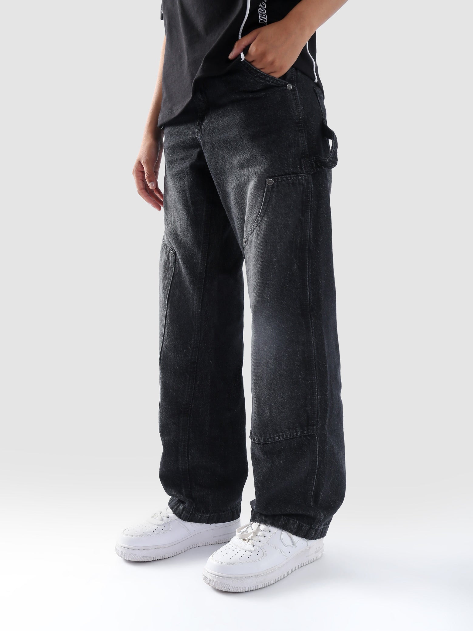 Carpenter washed black denim detail closeup utility loop hardware custom detail Pakistan – GROOVY