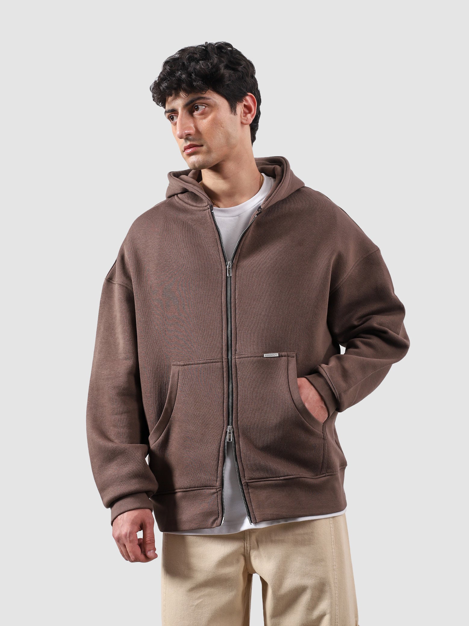 Maple brown essential zipper hoodie detail closeup zip front fabric Pakistan – GROOVY