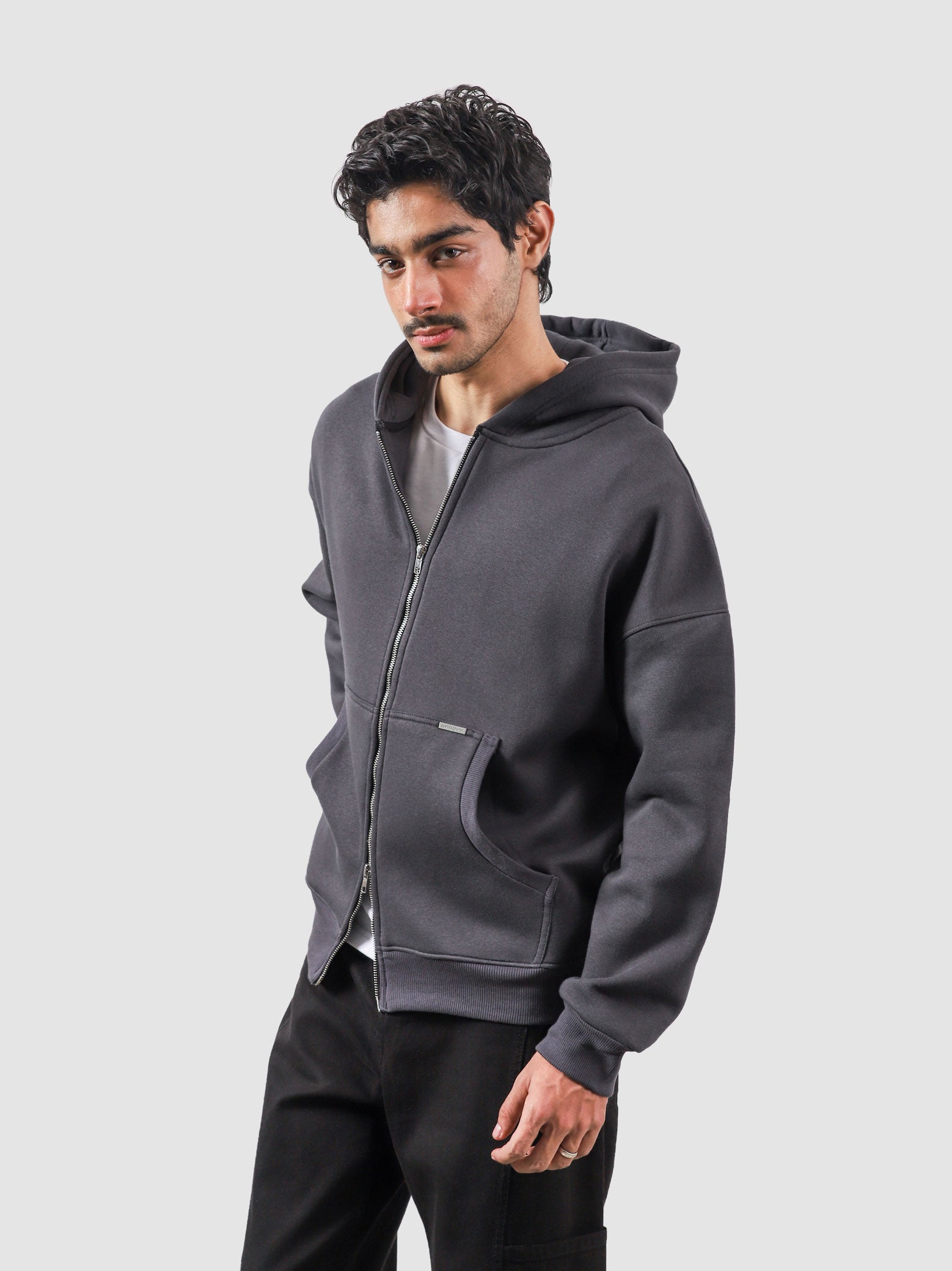 Granite essential zipper hoodie detail closeup zip front fabric Pakistan – GROOVY