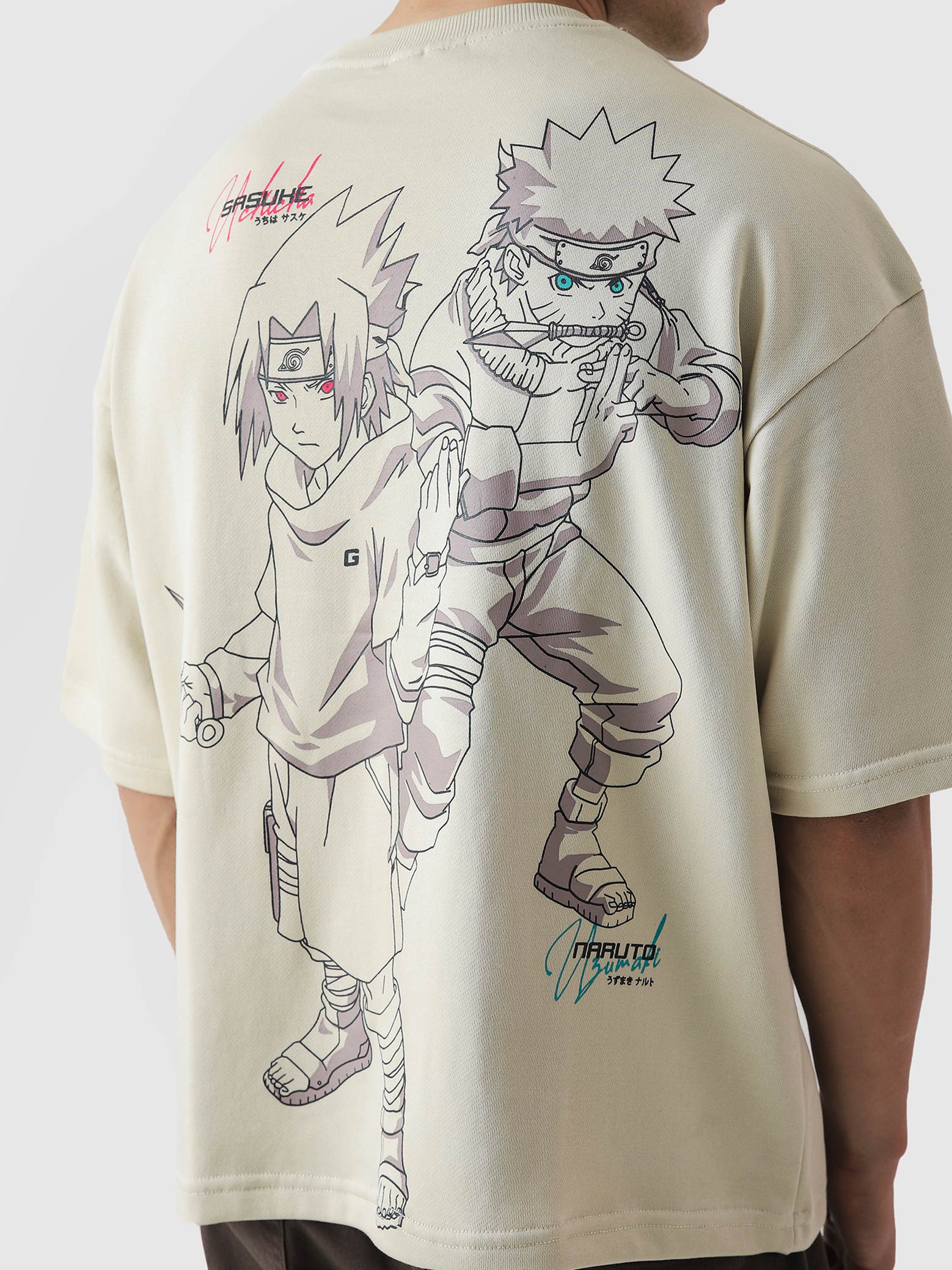 Naruto Uzumaki tee female model front view beige oversized anime Pakistan – GROOVY