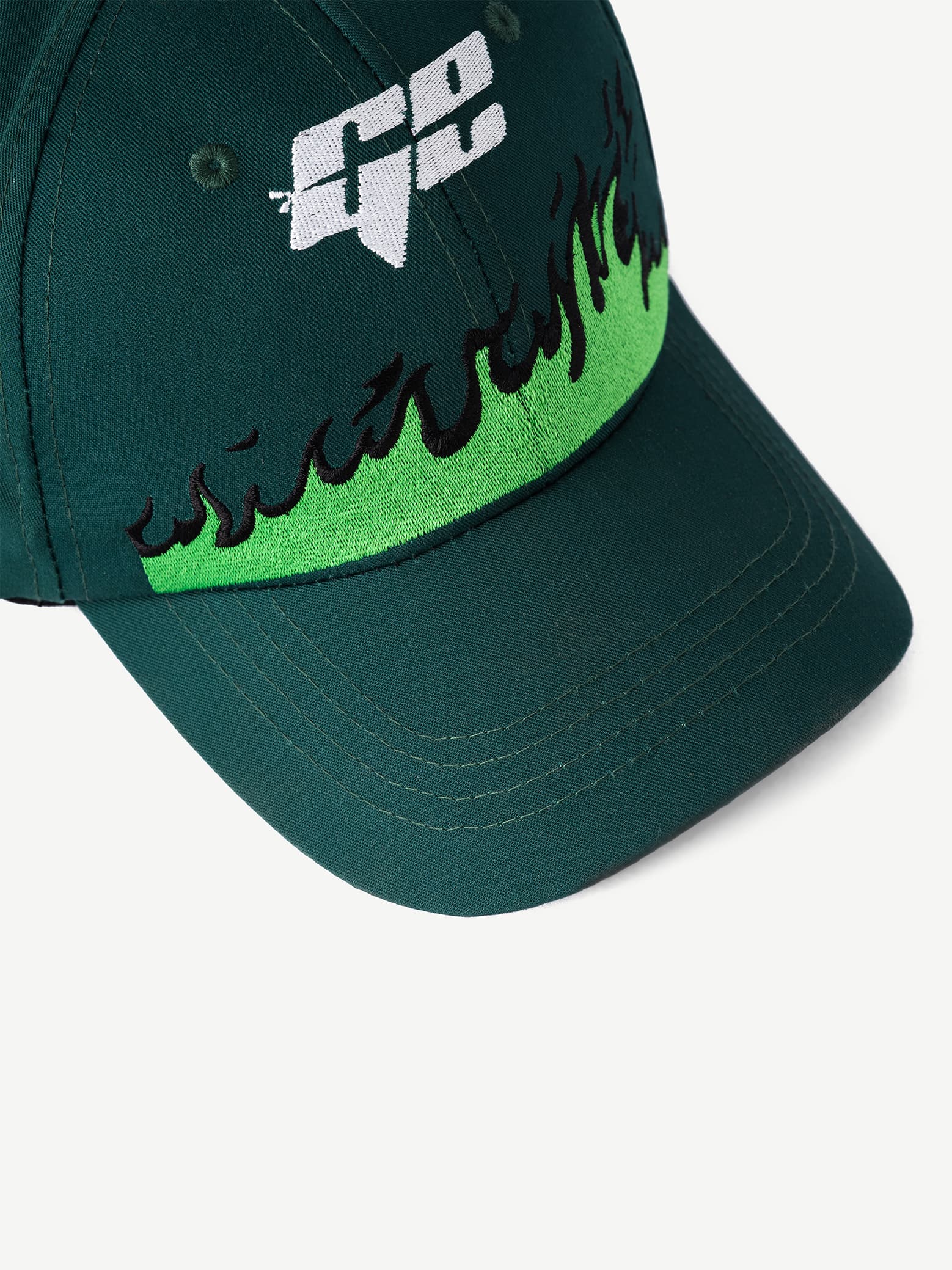 GROOVY ZORO cap, embroidered flame on deep green, adjustable