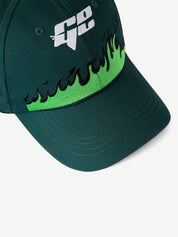 GROOVY ZORO cap, embroidered flame on deep green, adjustable
