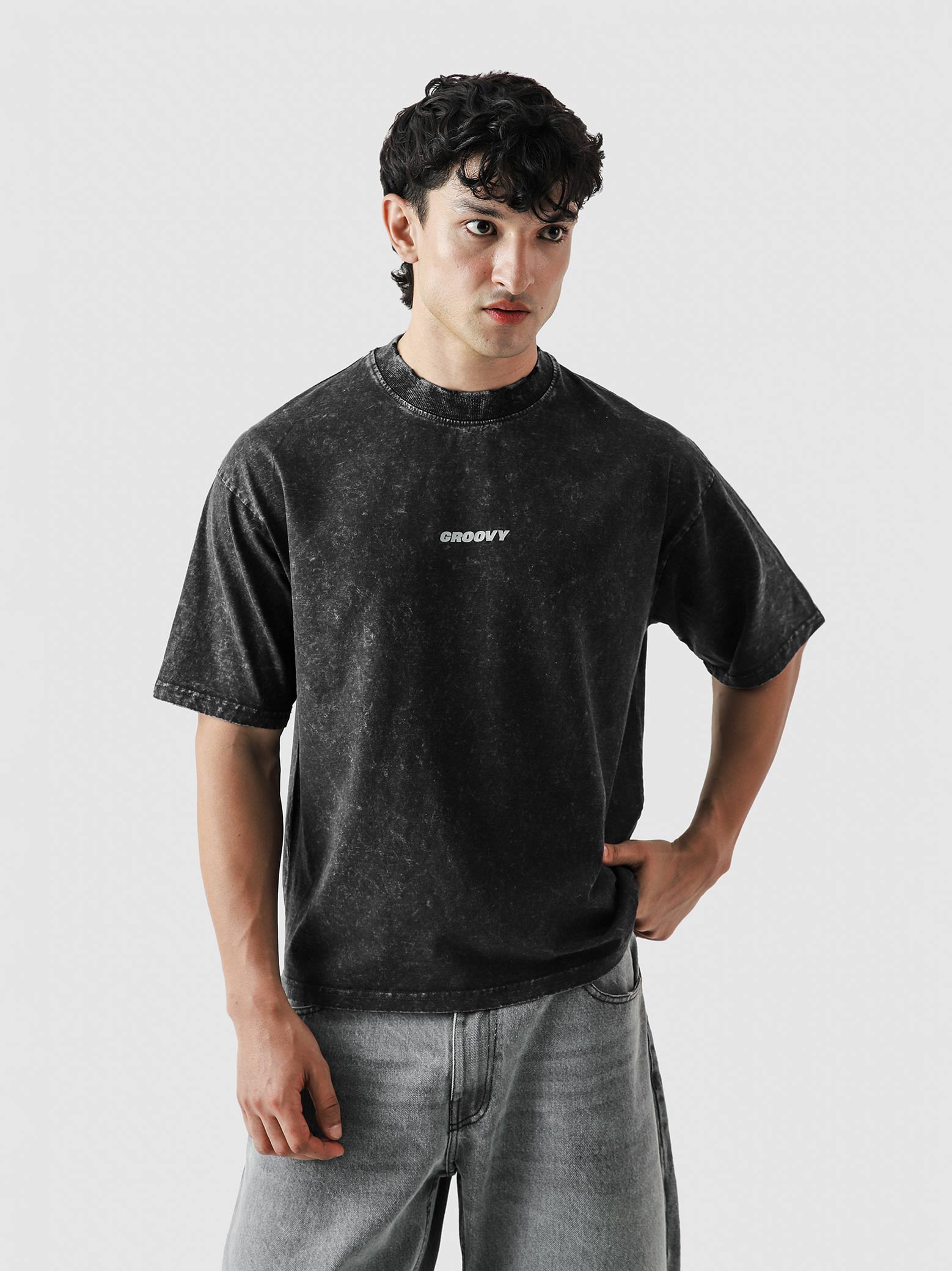 CORE acid washed blank tee closeup GROOVY logo detail mineral wash Pakistan – GROOVY