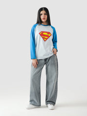 Superman full sleeves tee closeup Superman logo front graphic detail Pakistan – GROOVY