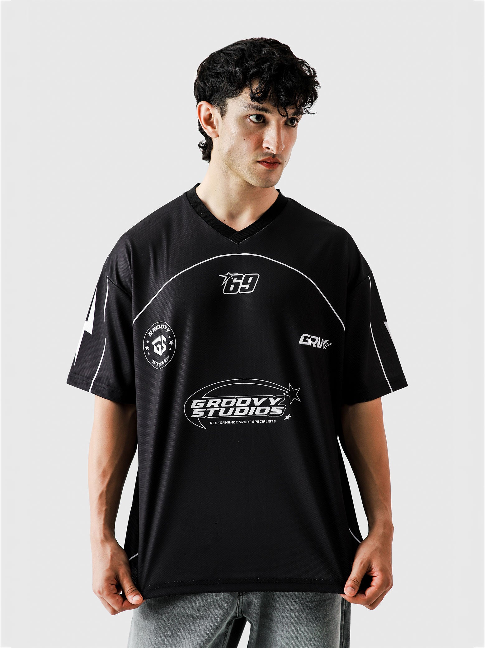 69 Baller Jersey closeup GStudio graphic print V-neck mesh detail Pakistan – GROOVY