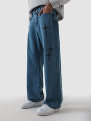 Cross star denim blue baggy jeans flat lay product detail Pakistan – GROOVY