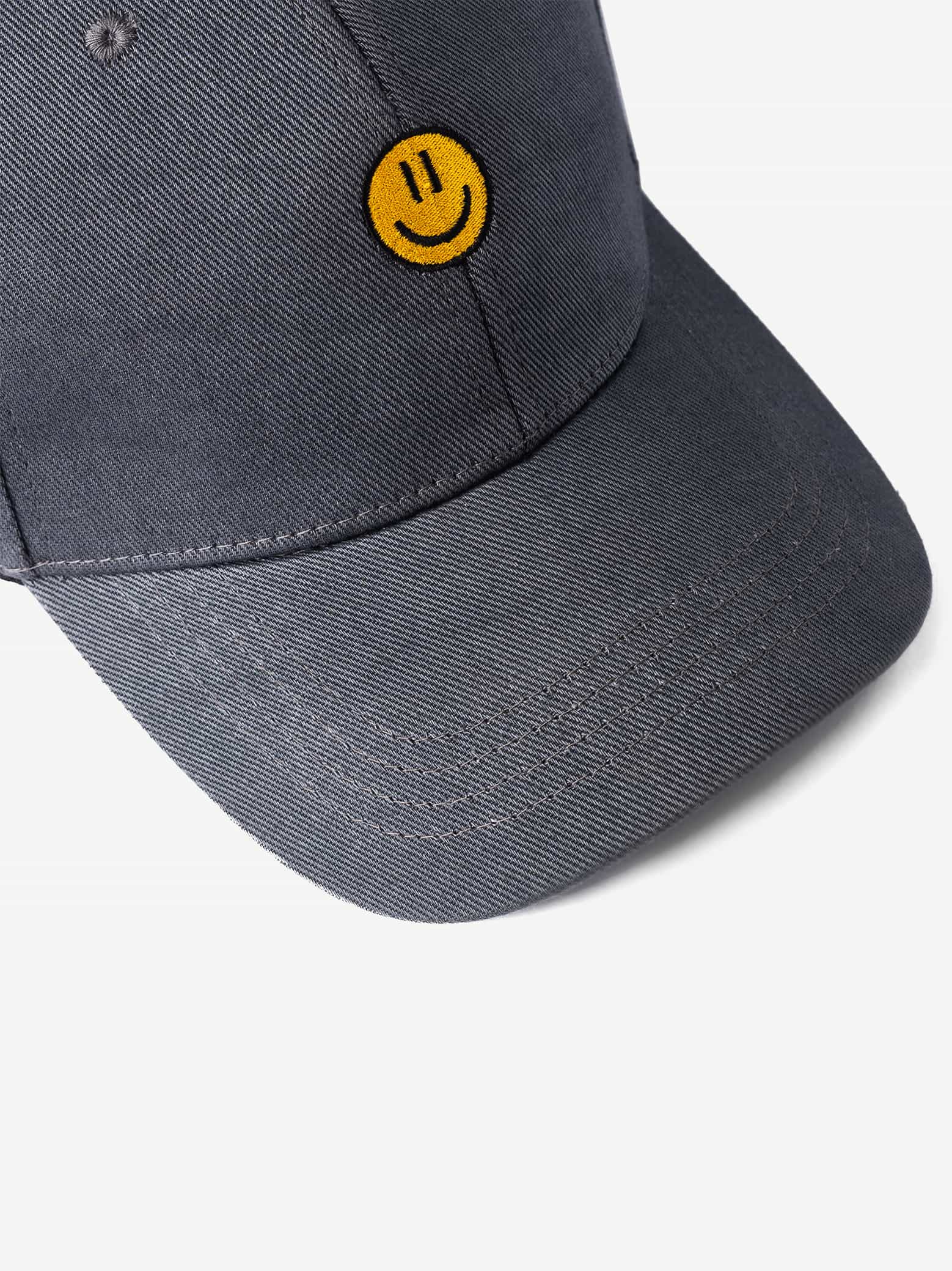 GROOVY SMILEY DAY cap, stitched yellow smiley on slate blue-grey, adjustable