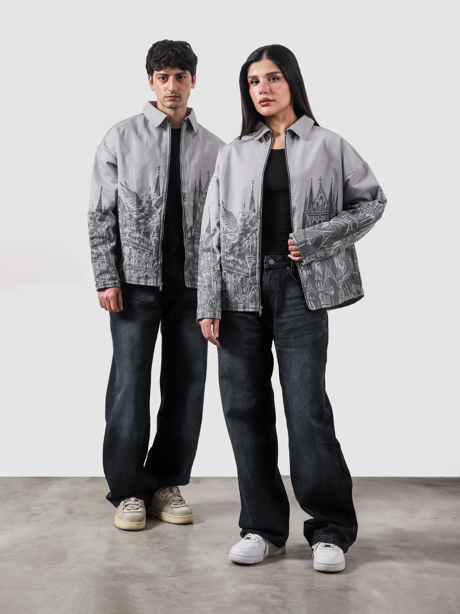 Heritage jacket couple lifestyle shot denim graphic streetwear Pakistan – GROOVY