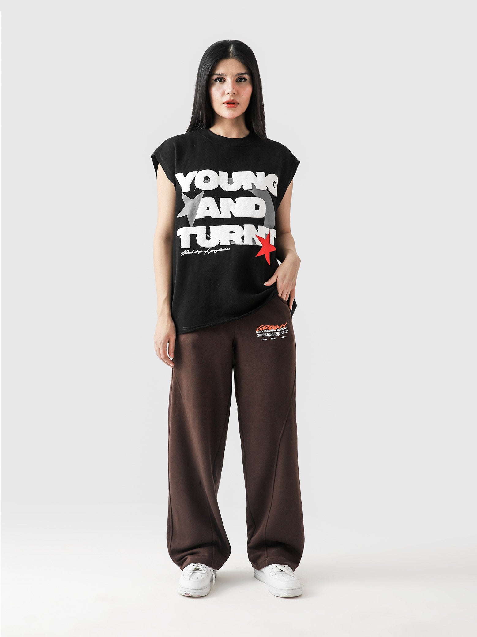 Young and Turnt Sando closeup bold GStudio graphic print front detail Pakistan – GROOVY