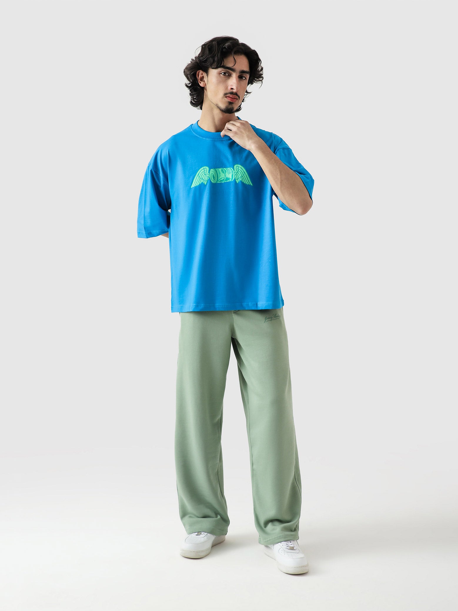 Money Over Your Feelings tee flat lay oversized blue graphic streetwear Pakistan – GROOVY