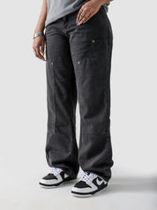 Dark grey carpenter denim female model front view baggy fit Pakistan – GROOVY